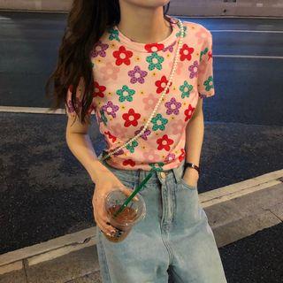 Short-sleeve Flower Print T-shirt Pink - One Size
