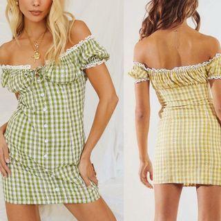 Lace Trim Off-shoulder Gingham Mini Sheath Dress