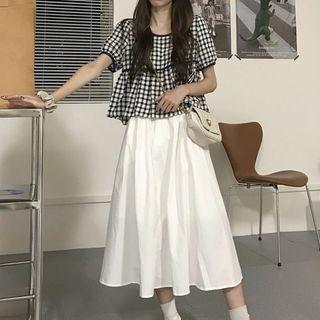 Gingham Blouse / Plain Midi A-line Skirt