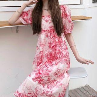 Short-sleeve Print A-line Dress Red & White - One Size