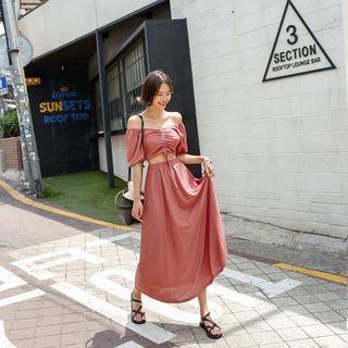 Set: Off-shoulder Drawcord Crop Top + Maxi Skirt