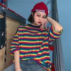 Elbow-sleeve Rainbow Stripe T-shirt As Shown In Figure - One Size