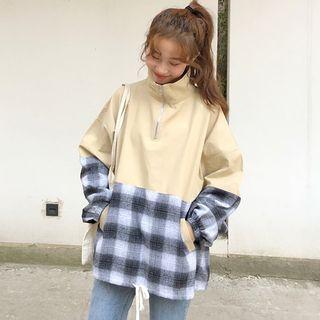 Half-zip Lettering Plaid Panel Pullover