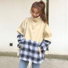 Half-zip Lettering Plaid Panel Pullover