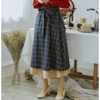 Mock Two-piece Plaid A-line Midi Skirt