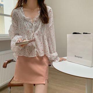 Ruffled Floral Print Shirt White - One Size