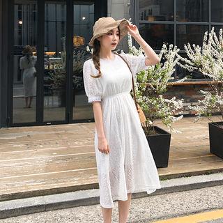Puff-sleeve Laced A-line Dress Ivory - One Size