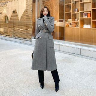 Belted Herringbone Woolen Coat