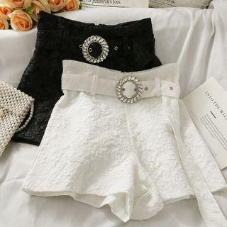 Embossed High-waist Wide Shorts With Belt