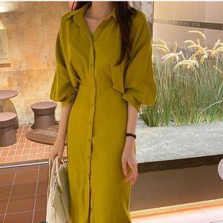 Puff-sleeve Midi Shirt Dress As Shown In Figure - One Size