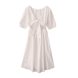 Short-sleeve Bow Midi Dress White - One Size