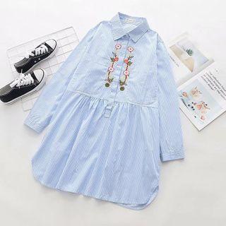 Long-sleeve Floral Embroidered Blouse Light Blue - One Size