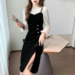 Long-sleeve Mock Two-piece Velvet Slit Dress