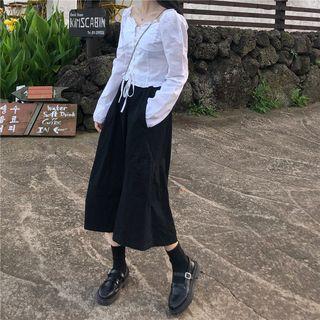 Square-neck Drawstring Blouse / High Waist Midi A-line Skirt