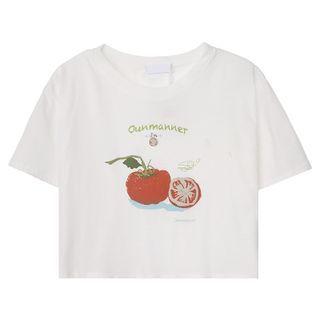 Elbow-sleeve Tomato Print T-shirt White - One Size