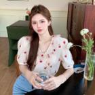 Short-sleeve Rose Embroidered Cropped Blouse Red Roses - White - One Size