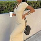 Short Sleeve V-neck Ribbed-knit Slit Bodycon Dress
