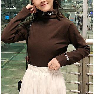 Letter Embroidered Mock Neck T-shirt