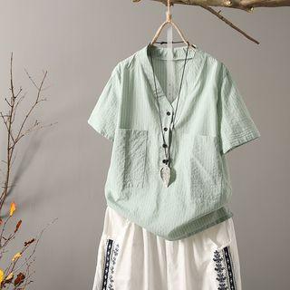 V-neck Short-sleeve Pinstriped Blouse