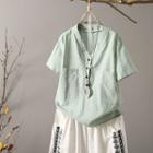 V-neck Short-sleeve Pinstriped Blouse