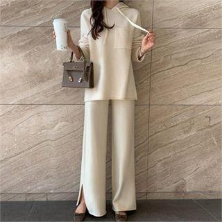 Set: Hooded Knit Top + Slit-hem Knit Pants