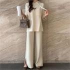 Set: Hooded Knit Top + Slit-hem Knit Pants