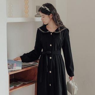 Long-sleeve Sailor Collar Tie-waist Midi A-line Dress