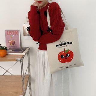Lettering Cartoon Apple Print Tote Bag Beige - One Size