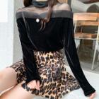 Long-sleeve Mesh Panel Velvet Top / Leopard Print Midi Knit Skirt