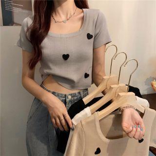 Square-neck Heart Print Cropped Top