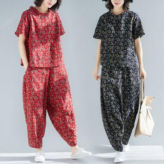 Set: Floral Short-sleeve Top + Harem Pants