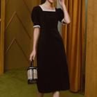Contrast Trim Square-neck Midi A-line Dress