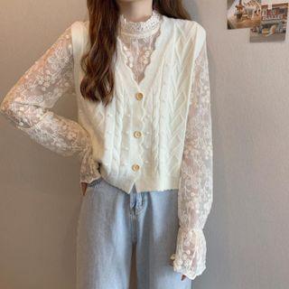 Bell-sleeve Lace Top / Single-breasted Sweater Vest