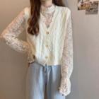 Bell-sleeve Lace Top / Single-breasted Sweater Vest