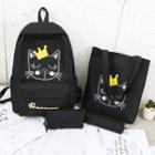 Set Of 3: Cat Print Canvas Backpack + Tote Bag + Pouch