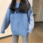 Set: Lettering Sweater + Wide Leg Knit Pants Sweater - Ash Blue - One Size / Pants - Gray - One Size