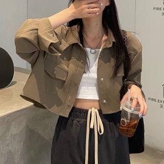 Plain Long-sleeve Cropped Jacket Khaki - One Size