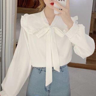 Long-sleeve Ruffle Tie-neck Blouse