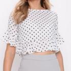 Elbow-sleeve Dotted Cropped Blouse