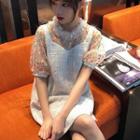 Set: Short-sleeve Dotted Mesh Top + Tweed Pinafore Dress