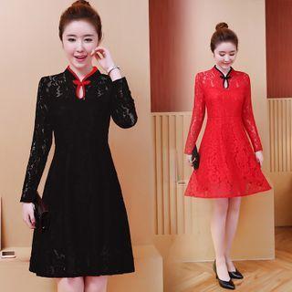 Frog-button Lace Midi A-line Dress