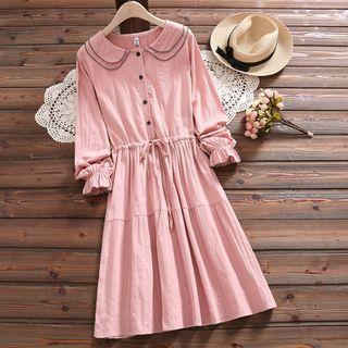Long-sleeve Contrast Trim A-line Midi Dress