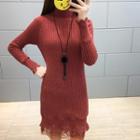 Mock Turtleneck Lace Panel Mini Sweater Dress