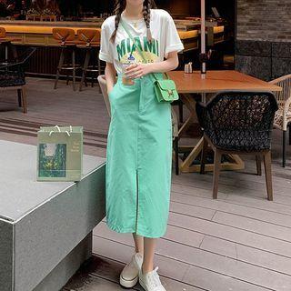 Set: Short-sleeve Lettering T-shirt + High-waist Plain Slit Skirt