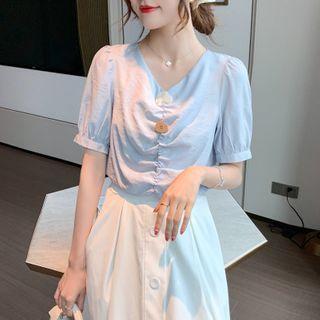 Short-sleeve Shirred Chiffon Blouse