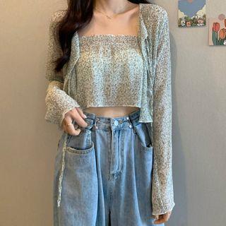 Set: Floral Print Cropped Light Jacket + Camisole Top