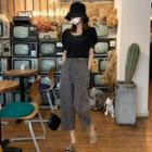 Elbow-sleeve Buttoned Cropped Top / Checker Wide-leg Pants