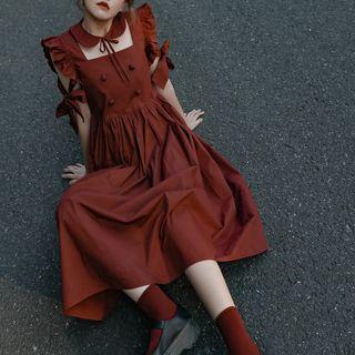 Sleeveless Ruffle Trim Bow Midi Dress
