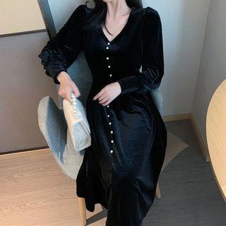 Long-sleeve V-neck Velet Dress