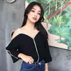 Piped Open Shoulder Long-sleeve Top